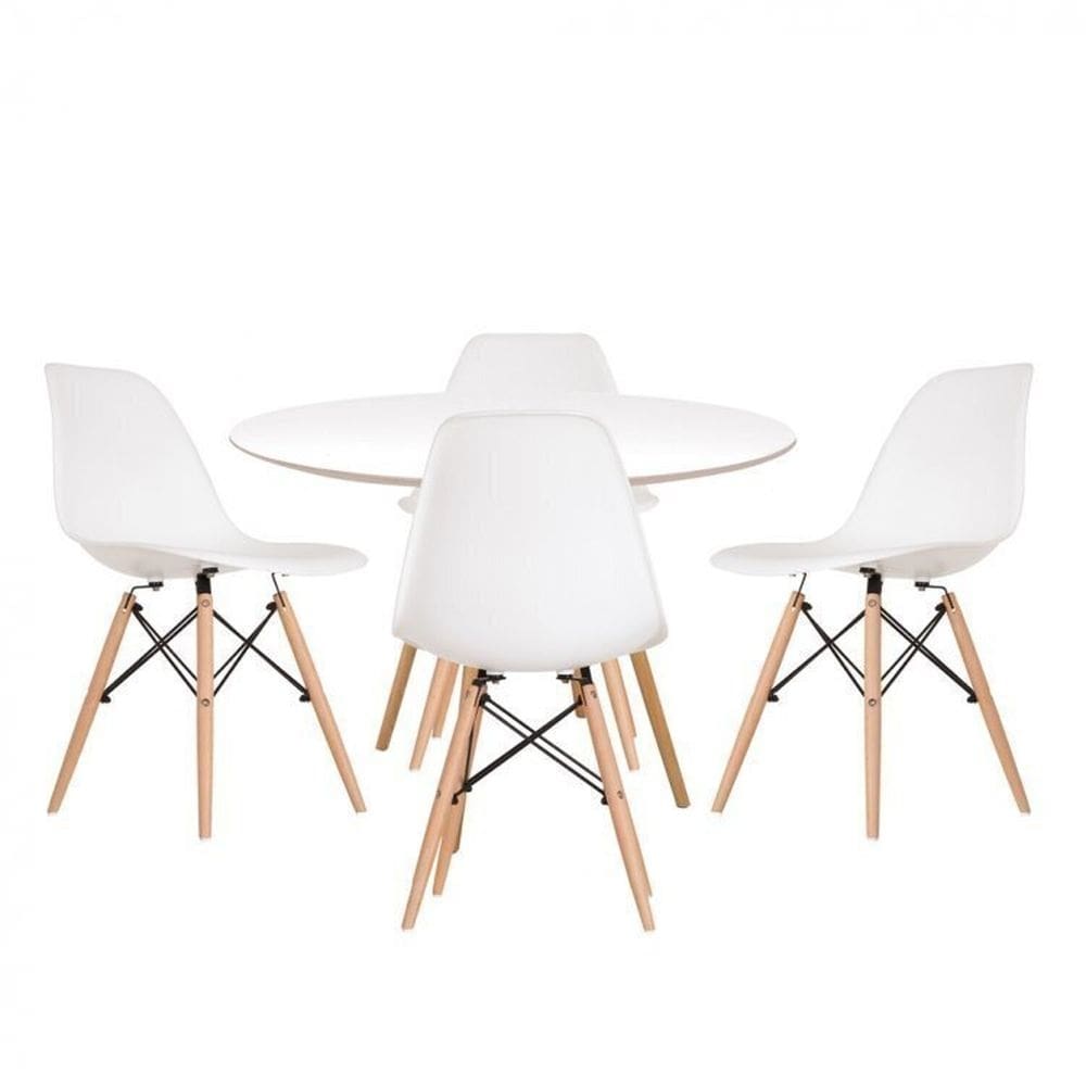 Conjunto Mesa Redonda 90cm Tampo em Mdf 4 Cadeiras Pp Base Madeira Eames Dsw-m Branco/Branco