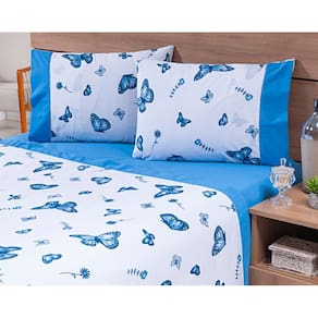 Jogo Lençol 4 Peças Cama Viúva 1,88mx1,28mx25cm 100% Algodão 180 Fios Azul Borboletas Azul