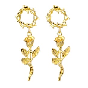 Brinco Feminino Delicado Flor Rosa Dourado Coroa Espinho Lux