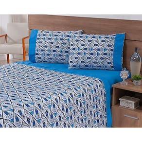 Jogo Lençol 4 Peças Cama Viúva 1,88mx1,28mx30cm 100% Algodão 180 Fios Losangos Azul