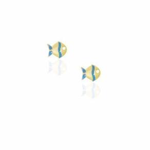 Brinco Peixe Peixinho Resina Azul Folheado A Ouro 18K.