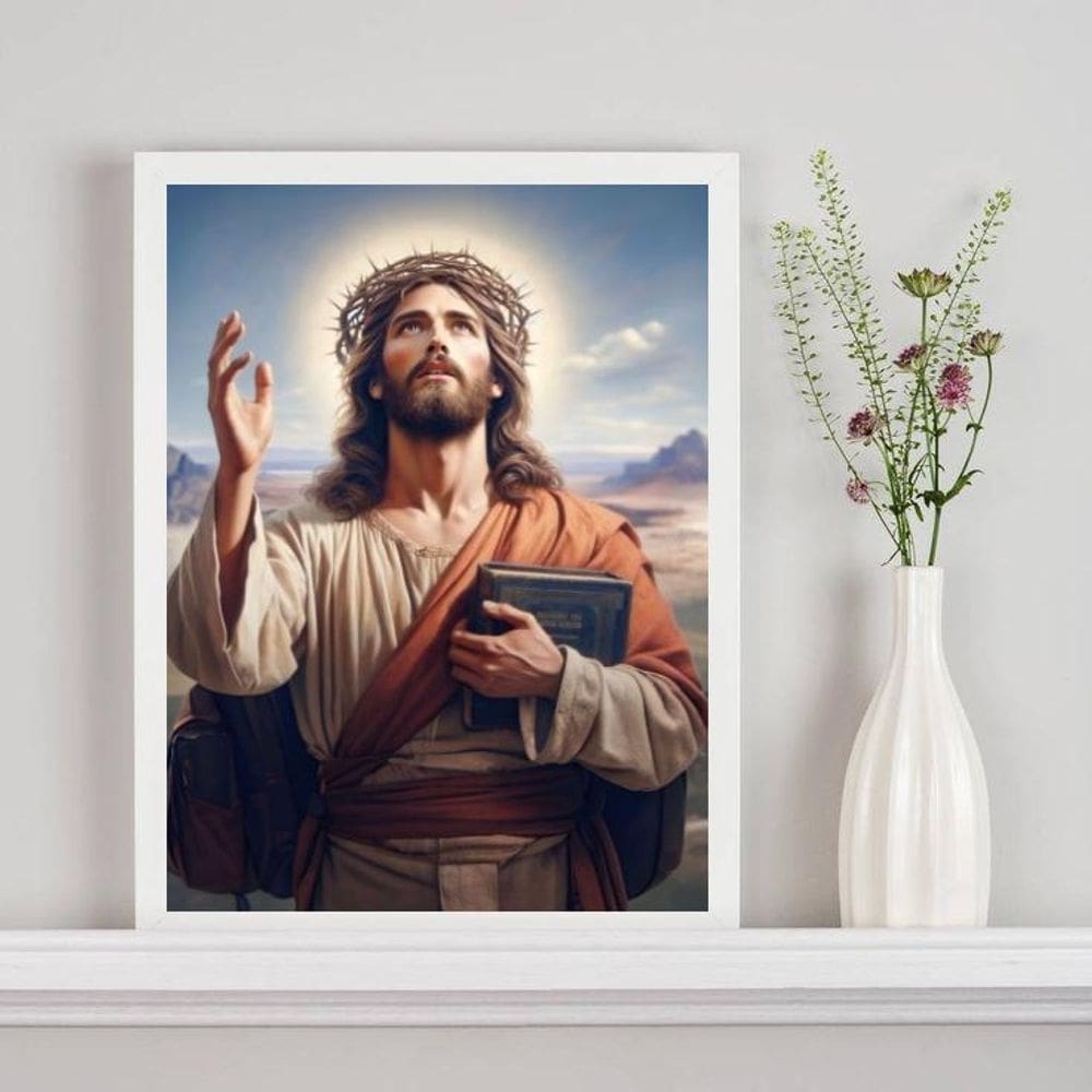 Quadro Jesus Com Bíblia Sagrada 33X24Cm - Com Vidro