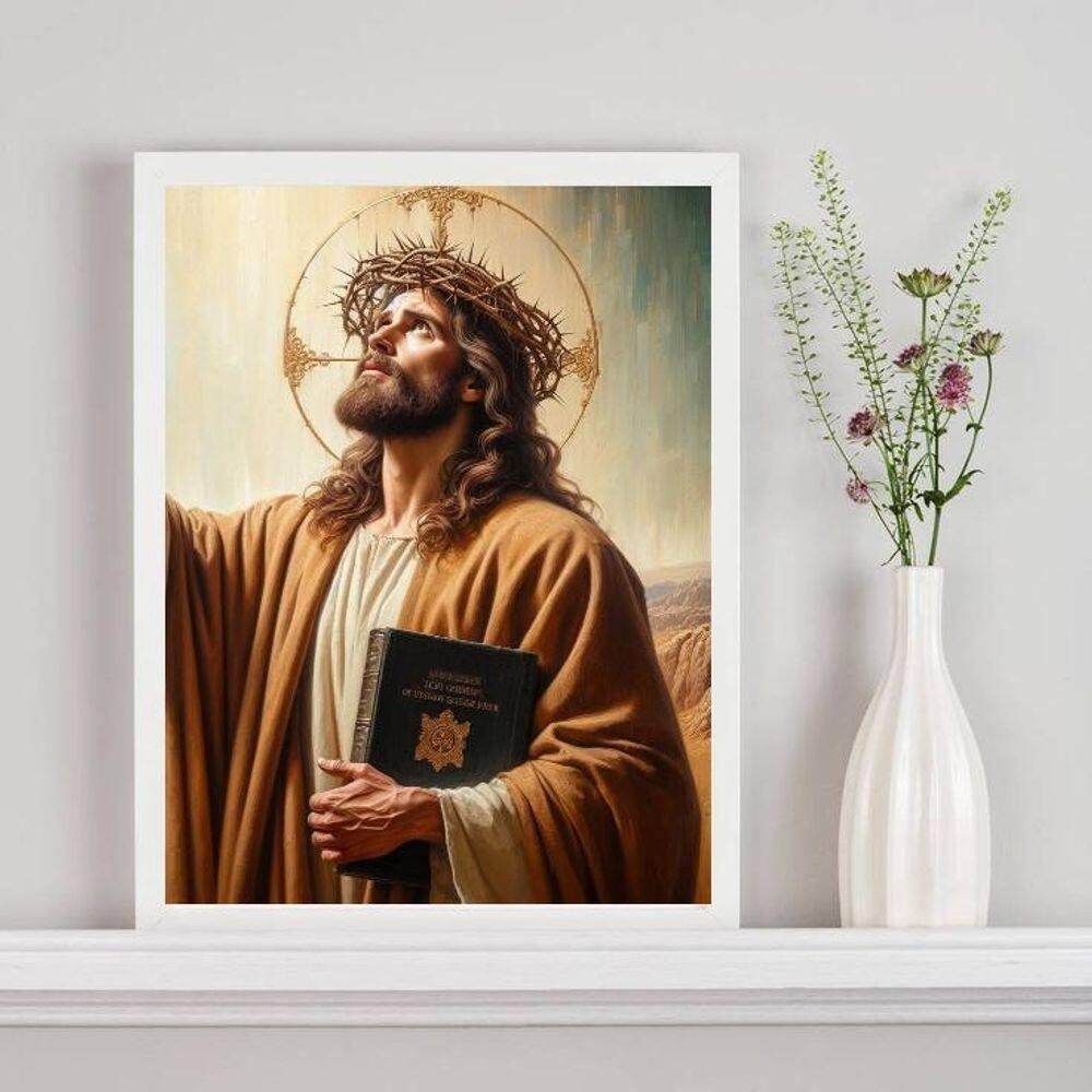 Quadro Decorativo Jesus Com Bíblia 24X18Cm - Com Vidro