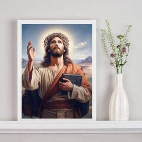 Quadro Jesus Com Bíblia Sagrada 24X18Cm - Com Vidro