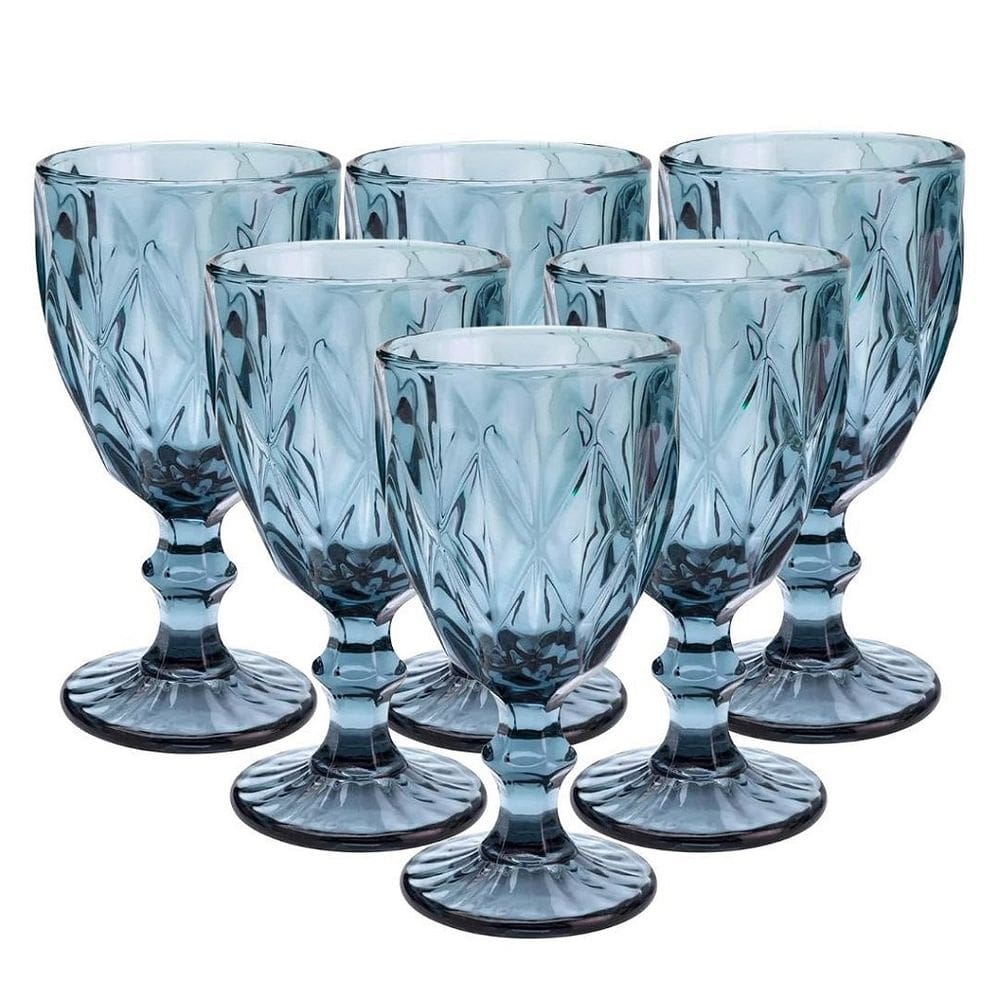 Jogo 6 Taças Vinho e Água Vidro Diamond Azul Luxo 340ml - Vivaflor Decor