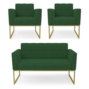 Kit 1 Sofá Namoradeira E 2 Poltronas Elisa Veludo Base Metálica Industrial Dourado - D`rossi Cor Verde