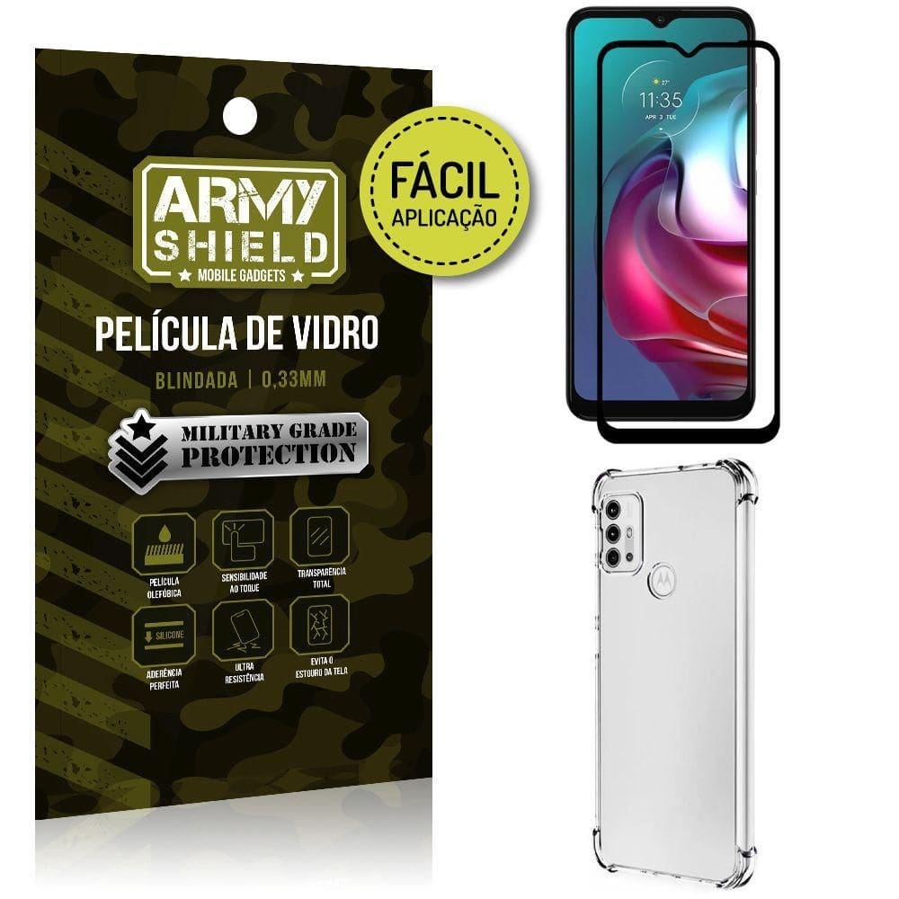 Kit moto g30 película 3d fácil aplicação+capa anti impacto