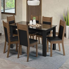 Sala De Jantar Mesa Tampo De Vidro 6 Cadeiras Preto-rustic Dora Madesa Preto-rustic
