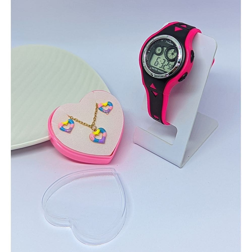Kit Relógio Infantil Digital Luz Led Colorido Esporte Meninas Cronometro + Conjunto Colar e Brincos Aço Delicado