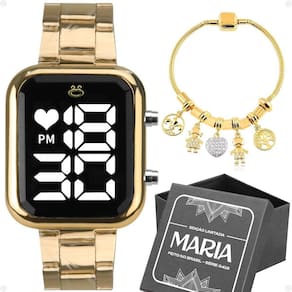 Relogio Feminino Digital Dourado + Pulseira + Caixa