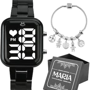 Relogio Digital Feminino Preto + Pulseira + Caixa