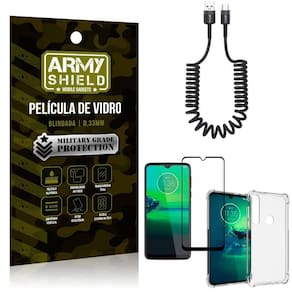 Cabo espiral moto g8 plus+capinha anti impacto+película 3d