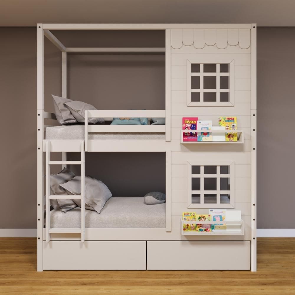 Beliche Casinha Reta com 02 Janelas e 02 Gavetas Madeira Maciça Branco Housin