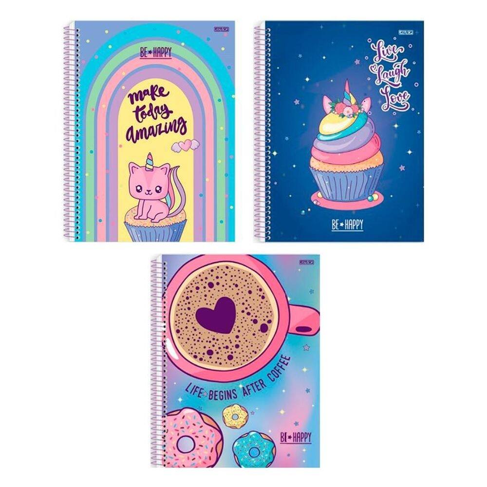 Caderno unv espiral capa dura be happy cores 160f 10mat
