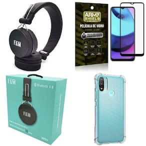 Capinha moto e20 + fone bluetooth a095 + película 3d