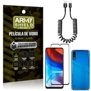 Cabo espiral moto e7 power+capinha anti impacto+película 3d