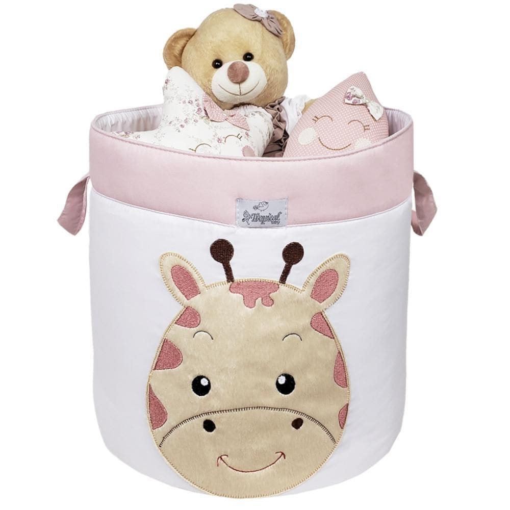 Cesto organizador de brinquedos bordado girafa rosê