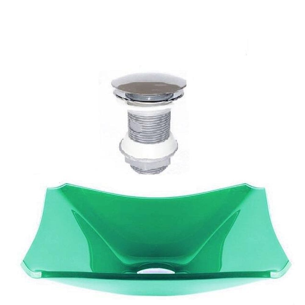 Cuba de vidro retangular chanfrada 37cm verde válvula click