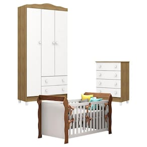 Quarto de Bebê Mel Flat com Berço Americano Lara Branco Acetinado Amadeirado - Carolina