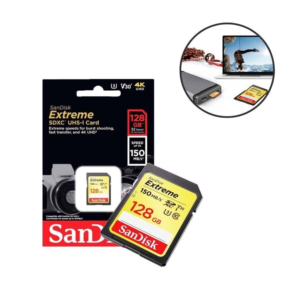 Cartão de memória 128gb sandisk sdxc extreme + leitor