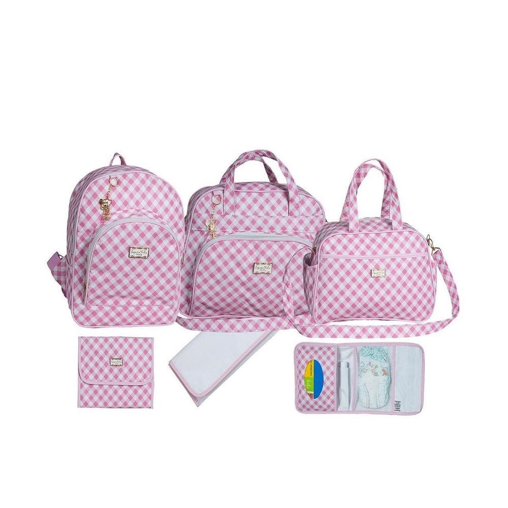 Kit bolsa bebê maternidade mochila baby print xadrez rosa
