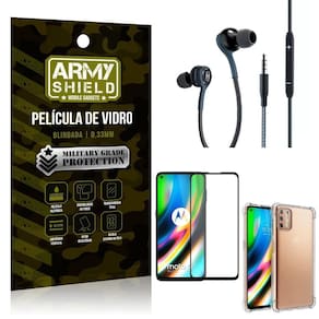 Kit moto g9 plus fone extreme+capa anti impacto+película 3d