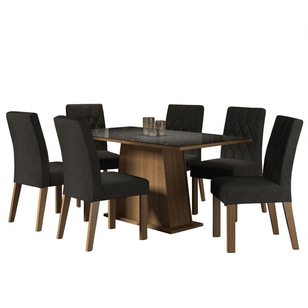 Sala De Jantar Mesa Tampo De Vidro 6 Cadeiras Rustic-preto-oxford Stéfani Madesa Rustic-preto-oxford
