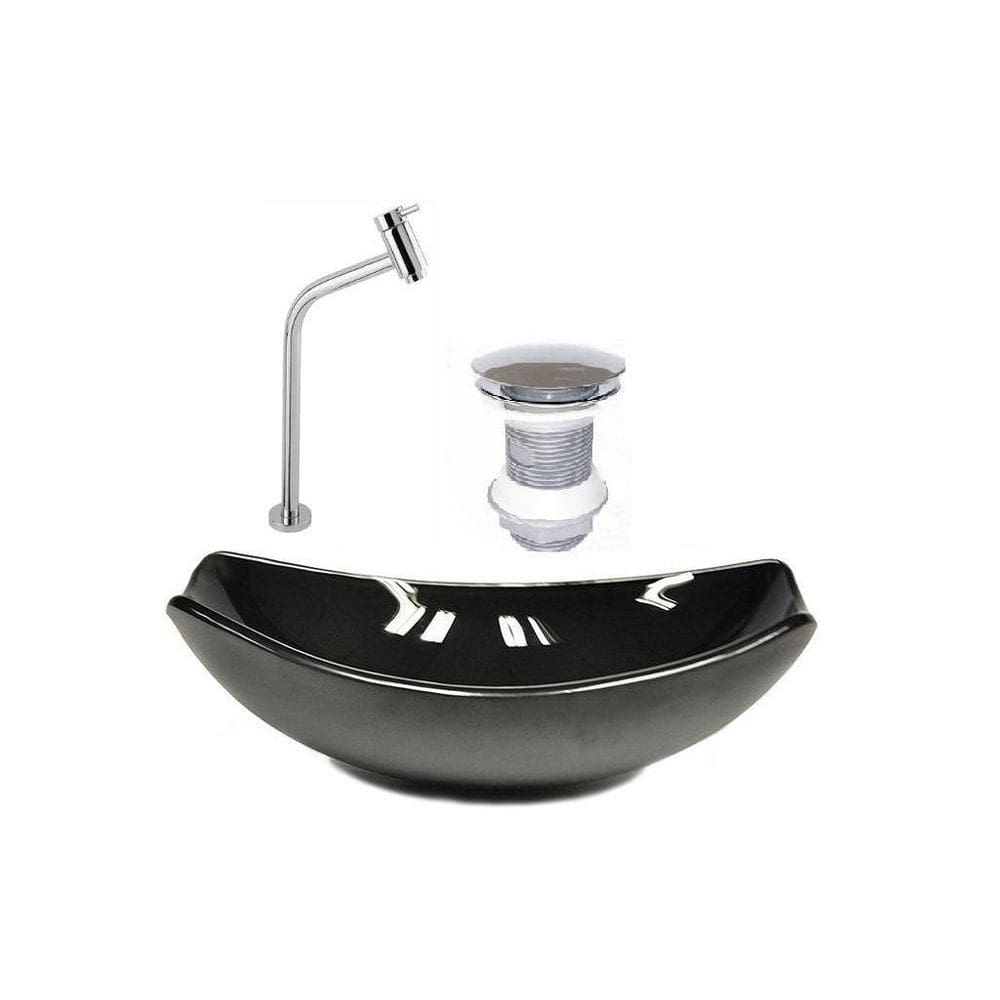 Cuba de vidro oval chanfrada 46cm preta + valvula + torneira