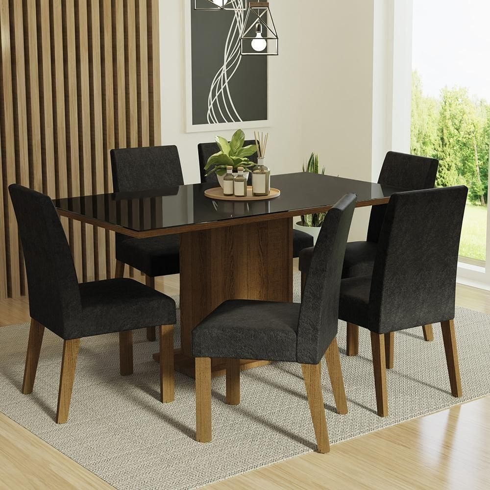 Sala De Jantar Mesa Tampo De Vidro 6 Cadeiras Rustic-preto-oxford Alexis Madesa Rustic-preto-oxford