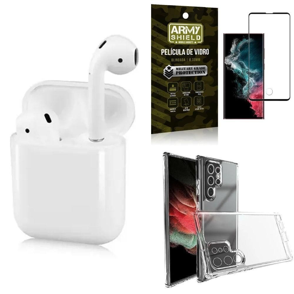 Kit capa s22 ultra +fone ouvido bluetooth ly122 +película 3d