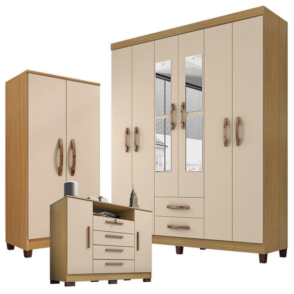 Guarda Roupa Casal Modena com Espelho 6 Portas Cômoda Madri e Armário Multiuso Recife Carvalho Americano Off White - Incorplac