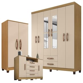 Guarda Roupa Casal Modena com Espelho 6 Portas Cômoda Madri e Armário Multiuso Recife Carvalho Americano Off White - Incorplac