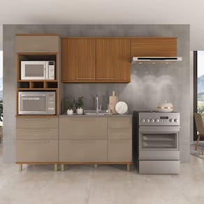Cozinha Modulada Compacta 4 Peças 6 Portas 6 Gavetas Madri Freijó/Camurça