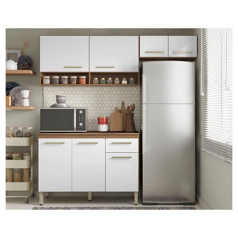 Cozinha Compacta Ambiente Dama Aéreos e Balcão Amêndola Branco - Demóbile