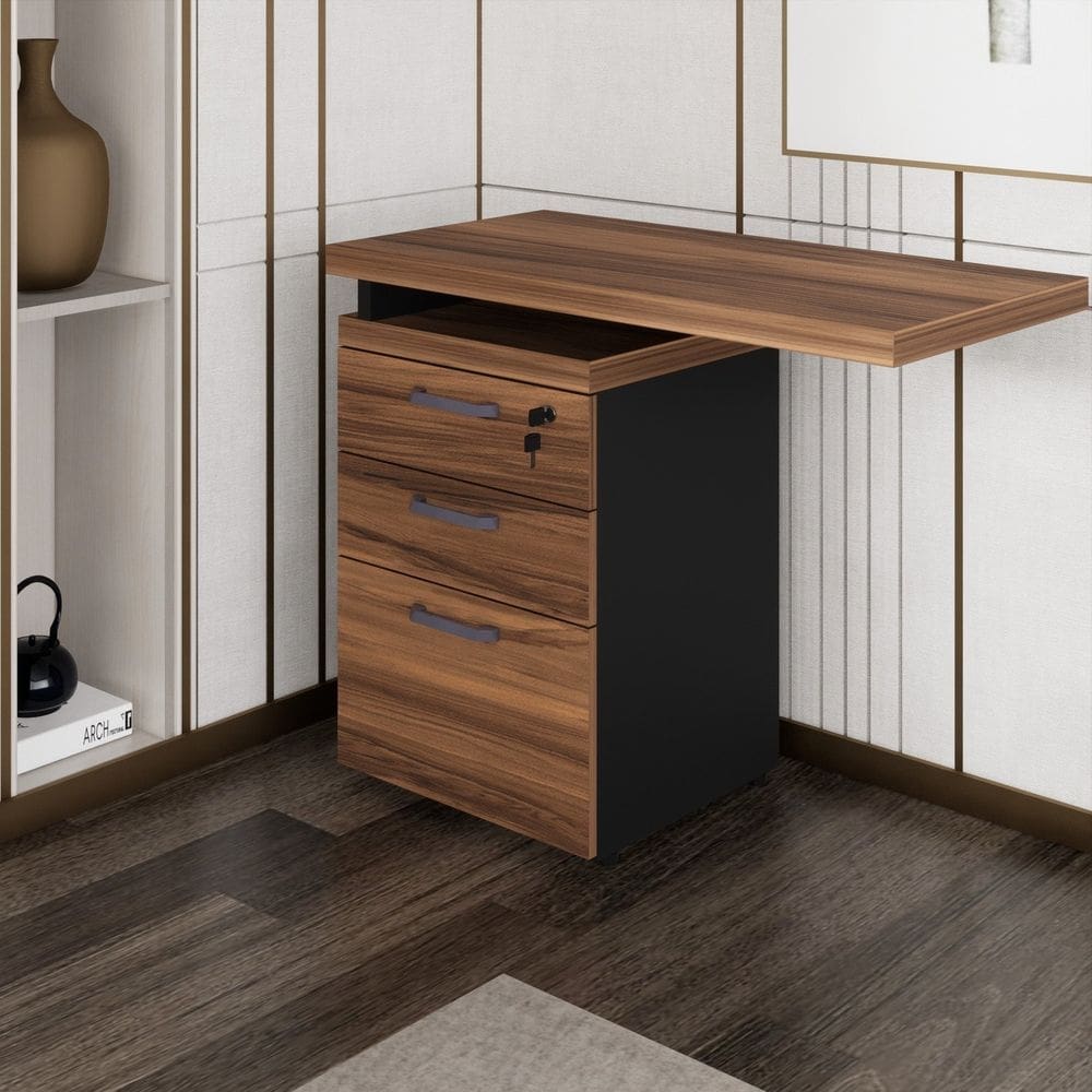 Gaveteiro Lateral com Extensão 2 Gavetas 1 Pasta Marrom/Preto