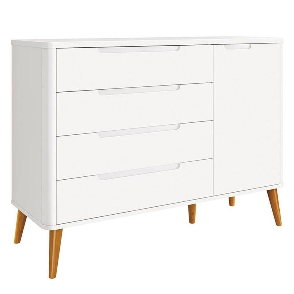 Cômoda Infantil Retrô Boom Branco com Pés Amadeirado - Reller