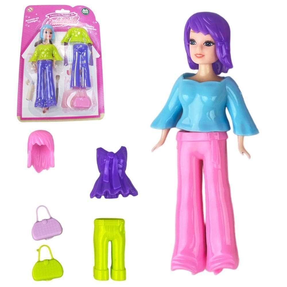 Boneca linda bell troca roupa / calca plastico bolsa 6 pecas