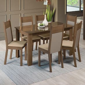 Sala De Jantar Mesa Tampo De Vidro 6 Cadeiras Rustic-crema-bege Zoe Madesa Rustic-crema-bege