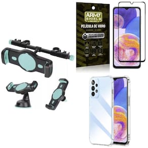 Kit capa samsung a23 4g + suporte veicular 3 em 1 + película