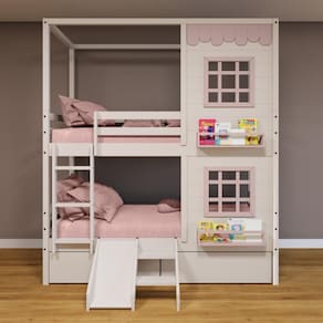 Beliche Casinha Reta com 02 Janelas 02 Gavetas e Escorregador Madeira Maciça Branco/ Rosa Housin