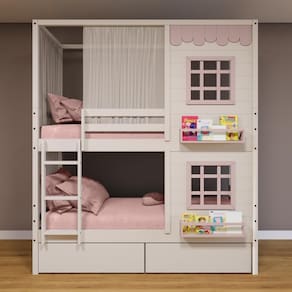 Beliche Casinha Reta com 02 Janelas 02 Gavetas e Cortina Madeira Maciça Branco/ Rosa Housin