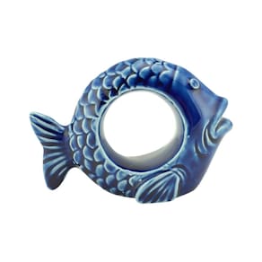 Kit 4 Anéis Para Guardanapos Cerâmica Peixe Ocean Azul 8X6Cm