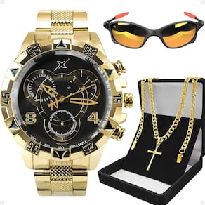 relogio masculino dourado + corrente casual presente social