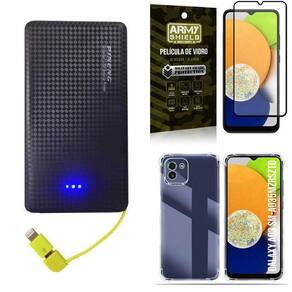 Kit capa samsung a03 + carregador portátil 5k + película 3d