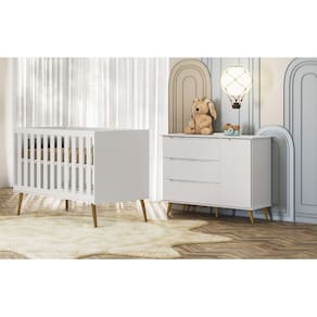 Quarto Infantil 100% MDF Retrô - Lunna Comoda + Berço-Branco