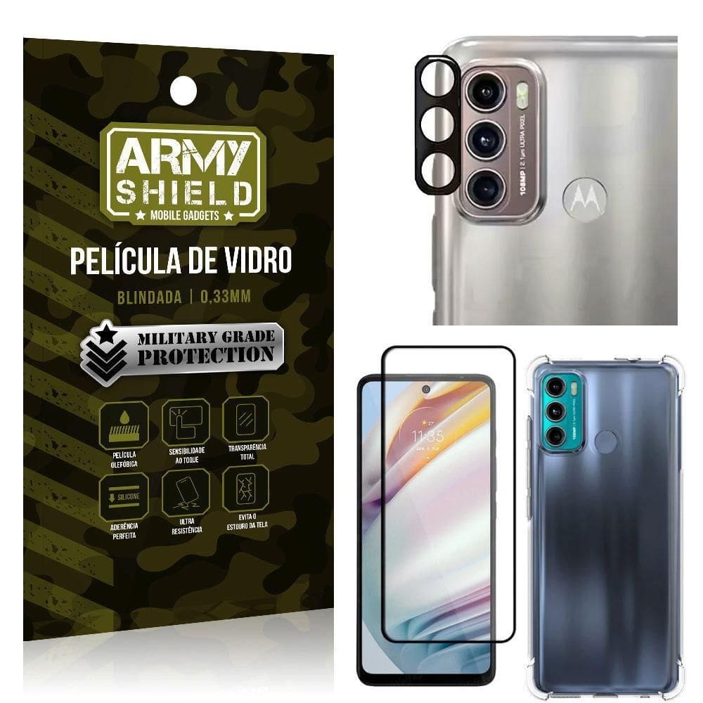 Kit moto g60 película de câmera+película 3d+capa anti shock