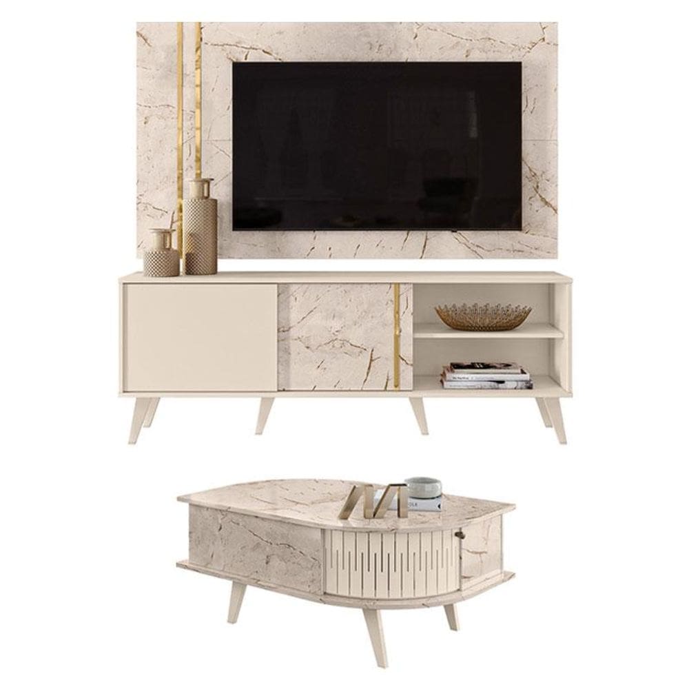 Rack Bancada e Painel para TV Cronos com Mesa de Centro Indianápolis Calacata Off White – Madetec