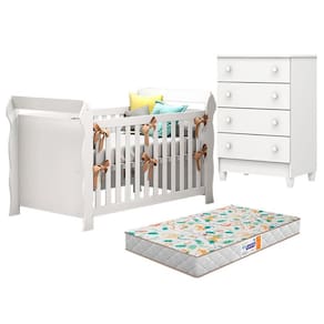 Berço Americano Lara e Cômoda Gaveteiro Mel Flat Branco Brilho com Colchão Gazin - Carolina