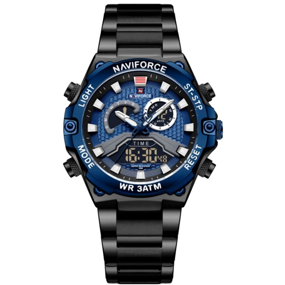 Relógio esportivo masculino em aço inoxidável à prova d`água com display duplo