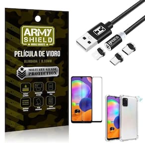 Capinha samsung a31 + cabo magnético 2m + pelicula 3d army